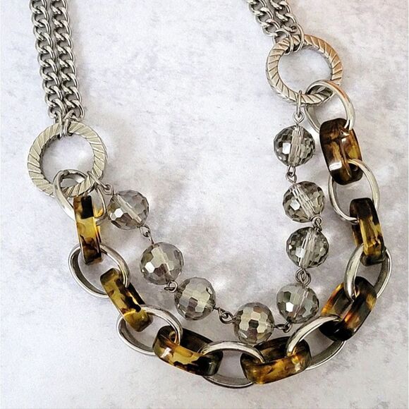 Tortoise Link and Silver Faceted Glass Necklace by Loft 19"-21" - Picture 1 of 10